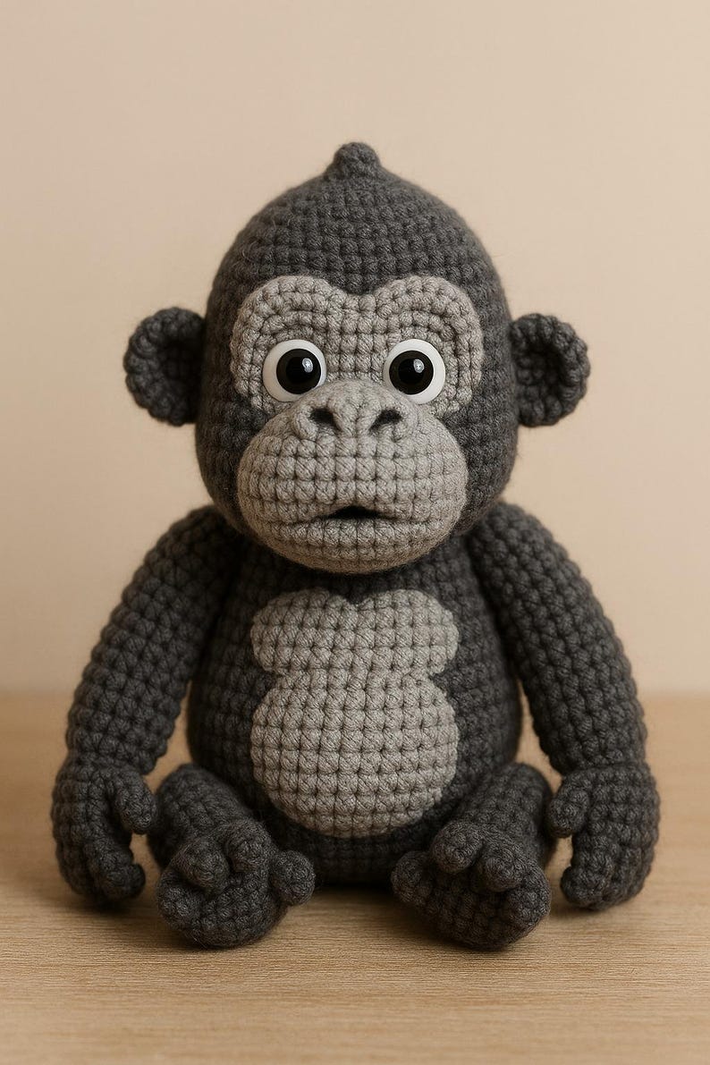 Puede incluir: Un peluche de gorila hecho a mano con ganchillo en tonos grises. El gorila tiene ojos grandes y expresivos, una cara, pecho y manos de color gris claro. El peluche est&aacute; sentado con los brazos y las piernas extendidos. Un peluche lindo y tierno.