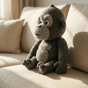 Puede incluir: Una mu&ntilde;eca de mono de ganchillo gris hecha a mano con cara, orejas y pecho de color gris claro. El peluche tiene ojos grandes y redondos y est&aacute; sentado en un sof&aacute; beige. El mono es un juguete suave y tierno.