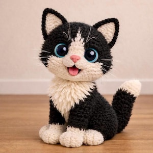 Puede incluir: Un gato de ganchillo hecho a mano, con pelaje negro y blanco, grandes ojos azules y una nariz y lengua rosas. El gato está sentado, mostrando su pecho y patas blancas y esponjosas. La cola también es blanca.