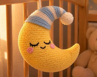 Amigurumi Moon Crib Hanging Pattern PDF – Crochet Moon Nursery Decor – Baby Bed Headboard Hanging – Digital Download