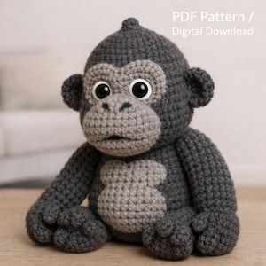 リアルなゴリラ編みぐるみ編み図（PDF） - 猿のおもちゃの詳しい作り方、ジャングル動物のぬいぐるみDIY、ギフト作りのための猿編み編み図