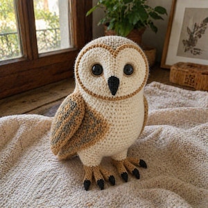 May include: A crocheted owl toy in cream, brown, and black. The owl features large black eyes, a black beak, and detailed wing and foot patterns. It is positioned on a textured, cream-coloured blanket.