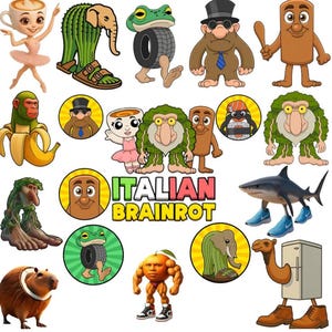 May include: A collection of whimsical cartoon characters, including a coffee cup ballerina, a cactus elephant, a frog with a tire body, and a shark wearing sneakers. The image also features the text "ITALIAN BRAINROT".