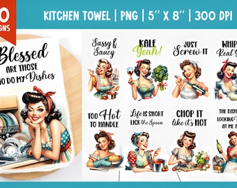 Pacote de imagens PNG divertidas para toalhas de cozinha de dona de casa, designs para sublimação, frases fofas sobre culinária e confeitaria, download digital.