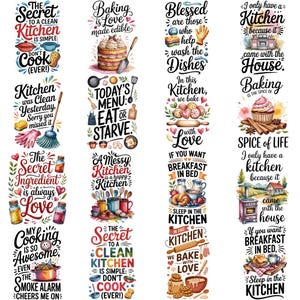 Puede incluir: Colección de láminas artísticas con temática de cocina, estilo acuarela. Cada lámina presenta un diseño único con texto e ilustraciones relacionadas con la cocina y la repostería. Paleta de colores vivos.