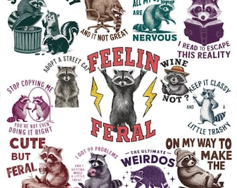 Sarkastische Tier Waschbär PNG Bundle, Retro lustige Tier Zitate, freche Trash Panda Sublimationsdesigns, digitaler Download für Shirts & Tassen