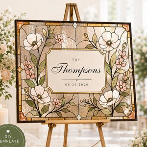 Faux Stained Glass Wedding Sign Template, Editable Canva Wedding Welcome Sign, DIY Glass Painting Pattern, Trace and Paint Wedding Decor
