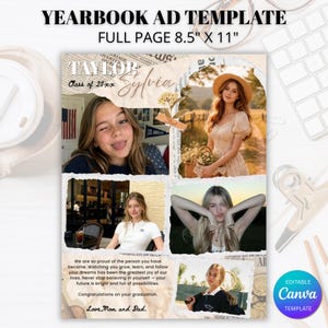 Puede incluir: Plantilla de anuncio de anuario con un collage de fotos y texto. La plantilla es de página completa, 21,6 cm x 27,9 cm. El texto incluye "YEARBOOK AD TEMPLATE", "TAYLOR Sylvia", "Class of 20xx", y un mensaje de felicitación de "Love, Mom and Dad."