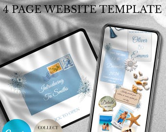 May include: Digital save the date website template displayed on a tablet and smartphone. The tablet shows a blue envelope design with floral accents and the text "Introducing To Smiths." The smartphone displays wedding details, including photos and the date.