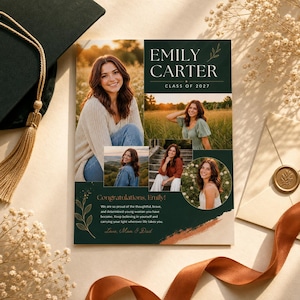 Könnte beinhalten: Eine Abschlussankündigungskarte mit dem Namen Emily Carter, Klasse von 2027, und fünf Fotos einer jungen Person in Außenbereichen. Die Karte hat einen dunkelgrünen Hintergrund mit goldenen Blattakzenten, gedrucktem Text und einer Glückwunschbotschaft.