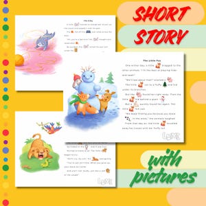 May include: A children's book spread with illustrations and text. The pages feature colorful drawings of animals and scenes from short stories. The words "SHORT STORY" and "with pictures" are also visible.