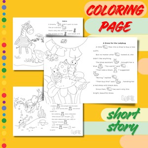 Puede incluir: Una página para colorear con tres ilustraciones. Una muestra una cebra y una tortuga, otra representa una mariquita probándose vestidos, y la última muestra una rana buceando en el agua. El texto dice "página para colorear" y "cuento corto".