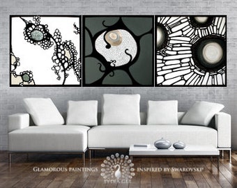 Contemporary art with Swarovski® crystals. Large contemporary wall art. Large contemporary paintings. Contemporary painting trio. Lydia Gee.