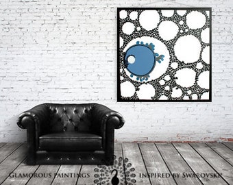 Swarovski® crystals on blue abstract art. ALIVE no.15 embellished art organic abstract painting. Blue white black cellular art by Lydia Gee.