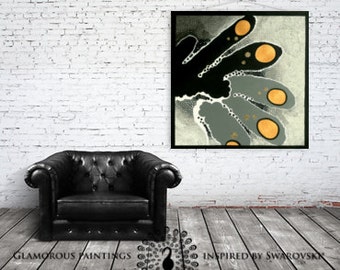 Grey and yellow wall art. Grey and yellow and gray art. Black and white art with Swarovski®. Yellow black & white art. Grey and yellow art.