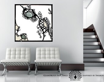 Large abstract painting Swarovski® crystals - organic abstract art "ALIVE no.1" silver black & white art - contemporary art  Lydia Gee