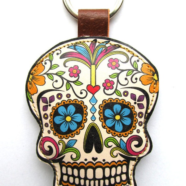 Leather keychain / bag charm - Sugar Skull