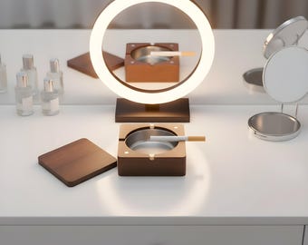 Cenicero de madera maciza con tapa, bandeja moderna para puros para interiores y exteriores, cenicero a prueba de viento para el hogar y la oficina, regalo minimalista y duradero para fumadores.