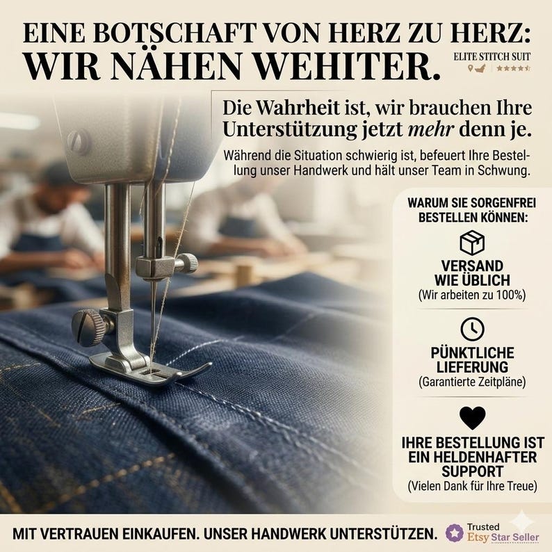 May include: A close-up of a sewing machine stitching blue denim fabric. The text at the top reads "EINE BOTSCHAFT VON HERZ ZU HERZ: WIR N&Auml;HEN WEITER." Additional text includes "ELITE STITCH SUIT" and information about supporting the business.