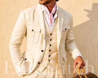 1920-tals vintage beige premium linnekostym i 3 delar för män | Lyxig safaristil kappa med normal passform i linnekostym för män - Vintage herrkostym