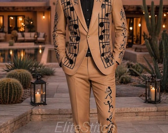 Men’s Camel Artistic Embroidered Suit | Music Note Designer Suit | Luxury Musical Embroidery Suit | Unique Wedding Suit for Men