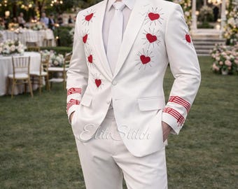 Herrkostym i elfenbensfärgad broderad brudkostym | Lyxig brudgumskostym med rött hjärtmönster | Specialdesignad formell kostym | Elegant designeroutfit