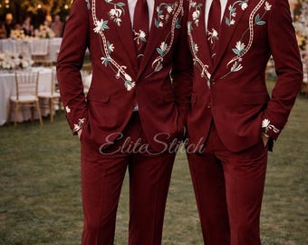 Herrkostym med broderad vinröd brudtärna | Vintage-inspirerad designerkostym med västerländskt tryck | Lyxig blommig brudgumskostym | Lyxig fest- och bröllopsoutfit