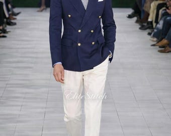 Men’s Navy Double Breasted Blazer with White Trousers | Gold Button Suit | Casual Wedding Outfit | Stylish Gift for Him