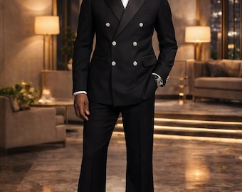 Classic Black Double Breasted Tuxedo, Men's Satin Peak Lapel Wedding Suit.