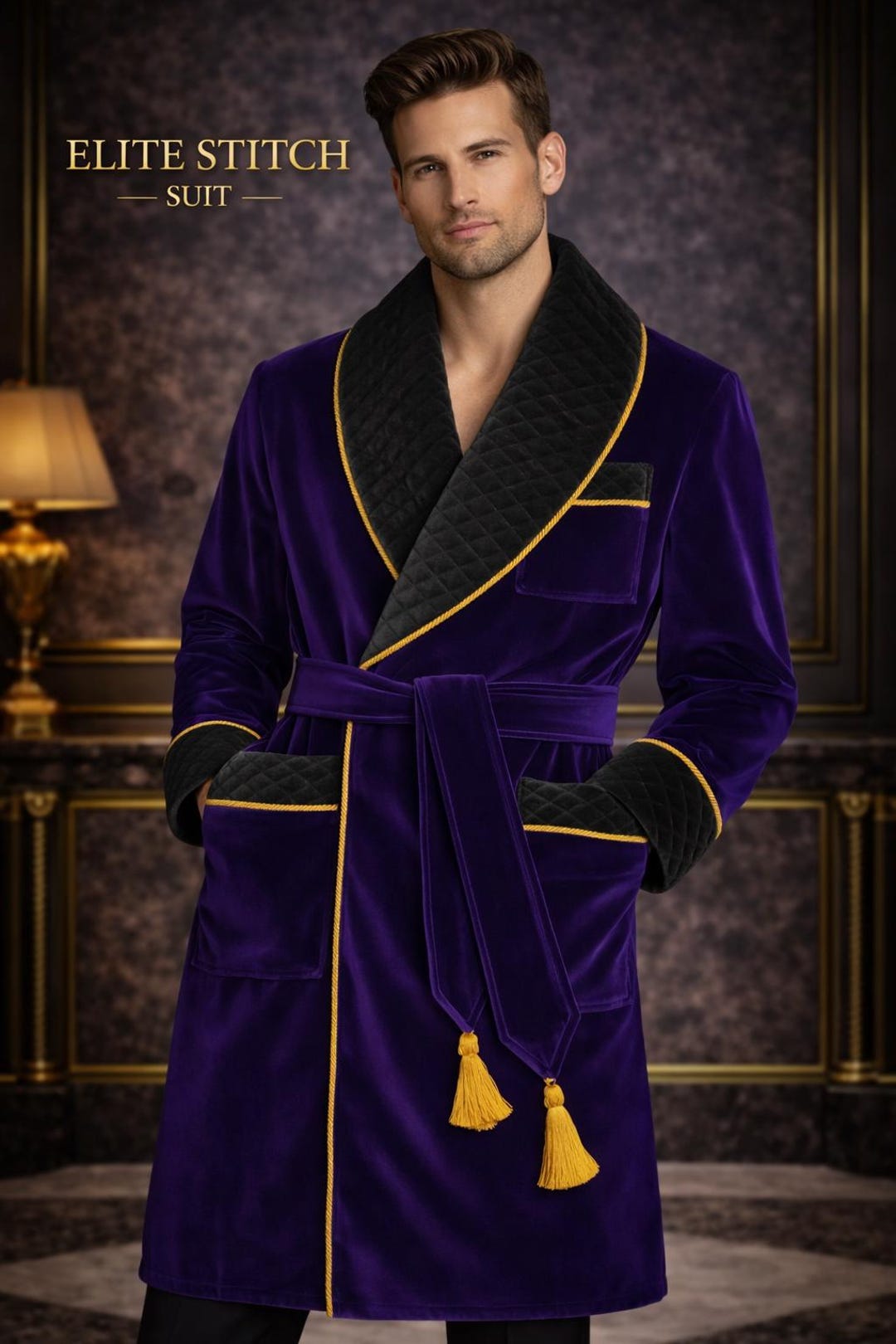 Men's Smoking Robe Royal Purple Velvet Smoking Robe for Men, Luxury Housecoat, Designer ...