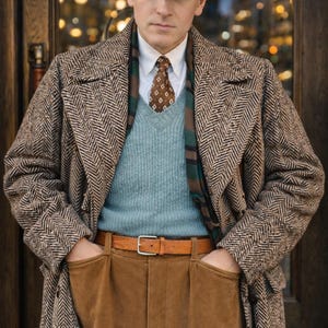 May include: A man in a brown herringbone overcoat, light blue sweater, and brown corduroy trousers. He wears a patterned cap, tie, and a brown leather belt. The outfit has a vintage style, reminiscent of the 1930s.