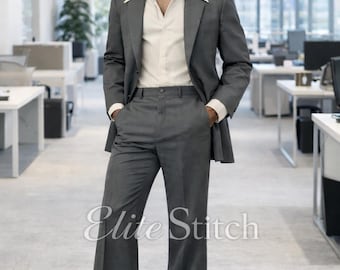 EliteStitch grå retrokostym för män | 1970-tals vintagekostym med utsvängda byxor | Klassisk skräddarsydd kavaj | Vintage discofestoutfit - Present till honom.
