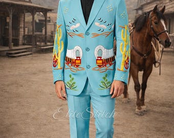 Traje de hombre estilo western bordado / Traje de vaquero turquesa / Conjunto de rodeo vintage / Conjunto de diseñador bordado estilo vaquero