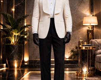 Ivory Shawl Lapel Tuxedo for Men, Terry Rayon Luxury Wedding Blazer, Slim Fit Grooms Dinner Jacket.