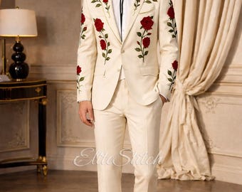 Designer Elfenbensrosa blommig broderad tvådelad kostym | Broderad cowboykostym för män | Westernevenemang och rodeo Nudie Parties byxdressset