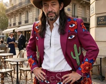 Exotisk magenta broderad kostym | Västernsk gotisk parisisk streetwear | Bröllops- och röda mattan-outfit.