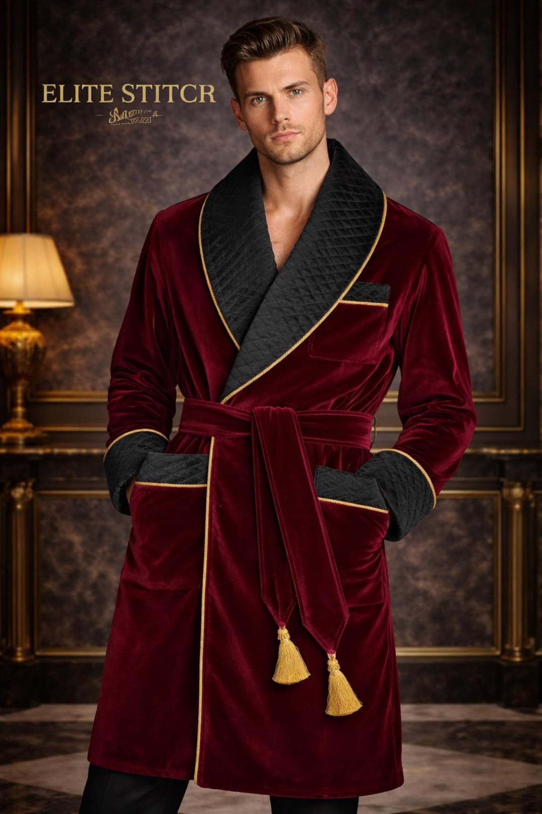 Men's Smoking Robe Royal Burgundy Velvet Smoking Robe for Men, Luxury Housecoat, Designer ...