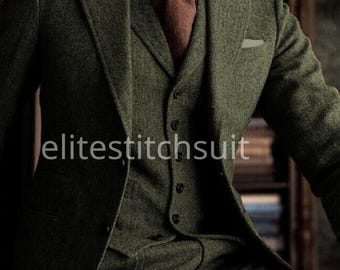 Forest Green Tweed 3-Piece Suit | Olive Wool Blend | 1920s Peaky Blinders Style