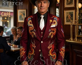 Utsökt rödbrun 3-delad kostym med drakebroderi | Designerkostym i westernstil med cowboymotiv för bröllop och speciella evenemang, formell klädsel.
