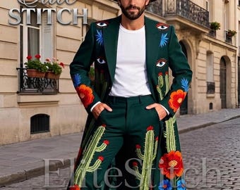 Broderad lång kappakostym | Herrdesigner i avantgardistisk västerländsk parisisk stil för bröllop och röda mattan-outfits.