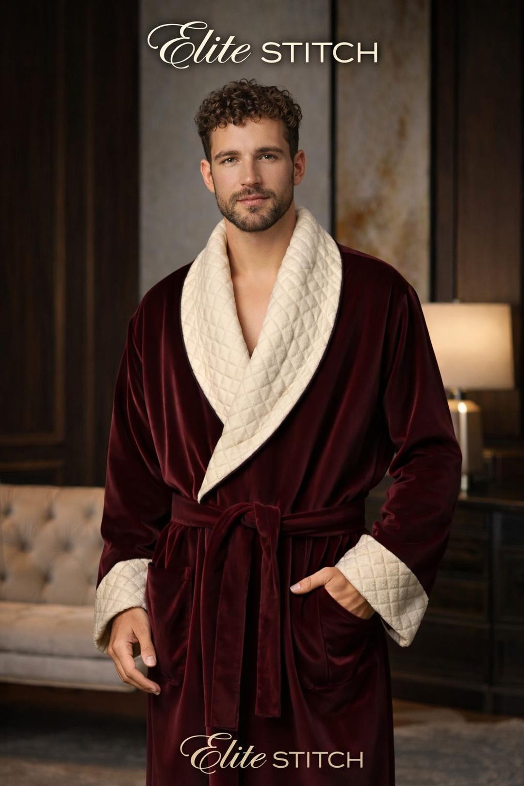 Men's Smoking Robe Burgundy Velvet Smoking Robe for Men I Quilted Shawl Collar Luxury ...