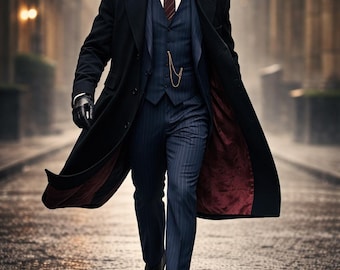 Herrkostym med kritstrecksrandig 3-delad kostym från 1920-talet | Skräddarsytt set i vintagestil med Peaky-motiv