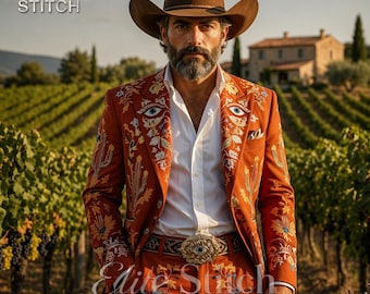 Rostfärgad broderad westernkostym för män – Designerklädsel för cowboys | Vintage rodeo-, bröllops- och festoutfit tillverkad av EliteStitch.