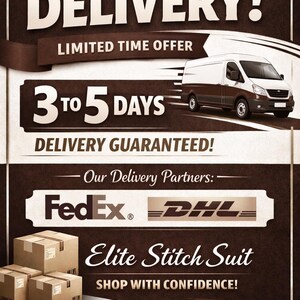 May include: A brown and white advertisement with the text "FAST & FREE DELIVERY!" and "LIMITED TIME OFFER." It also states "3 TO 5 DAYS DELIVERY GUARANTEED!" and features a delivery van. The logos for FedEx and DHL are also present.