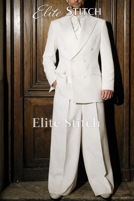 Men’s Ivory Double Breasted Suit | White Wide Leg Tailored Suit | Vintage Inspired Wedding Groom Outfit | Handmade Luxury Menswear