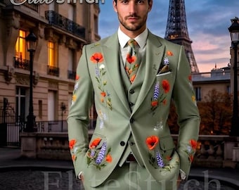 Blommig elegans: Salviagrön broderad kostym | Blommig 3-delad kostym | Balkostym | Skräddarsydd designerkostym