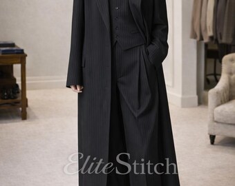 Men’s 3 Piece Pinstripe Suit with Long Overcoat | Vintage Old Money Suit Set | Double Breasted Long Coat, Vest & Wide Leg Pants