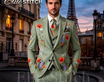 Men’s Sage Green Embroidered Suit | Floral 3 Piece Suit | Wedding Prom Suit | Designer Tailored Suit | Elegant Wedding & Party Wear