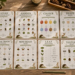 Puede incluir: Ocho hojas de actividades educativas de búsqueda del tesoro con ilustraciones de naturaleza, jardín, colores, formas, huellas de animales, insectos, hojas y texturas. Cada hoja blanca incluye casillas y gráficos de animales del bosque.
