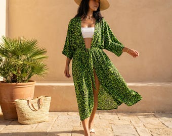 Leopard Print Kimono | Boho Beach Cover Up | Animal Print Vacation Duster Robe | Flowy Summer Swimsuit Cardigan